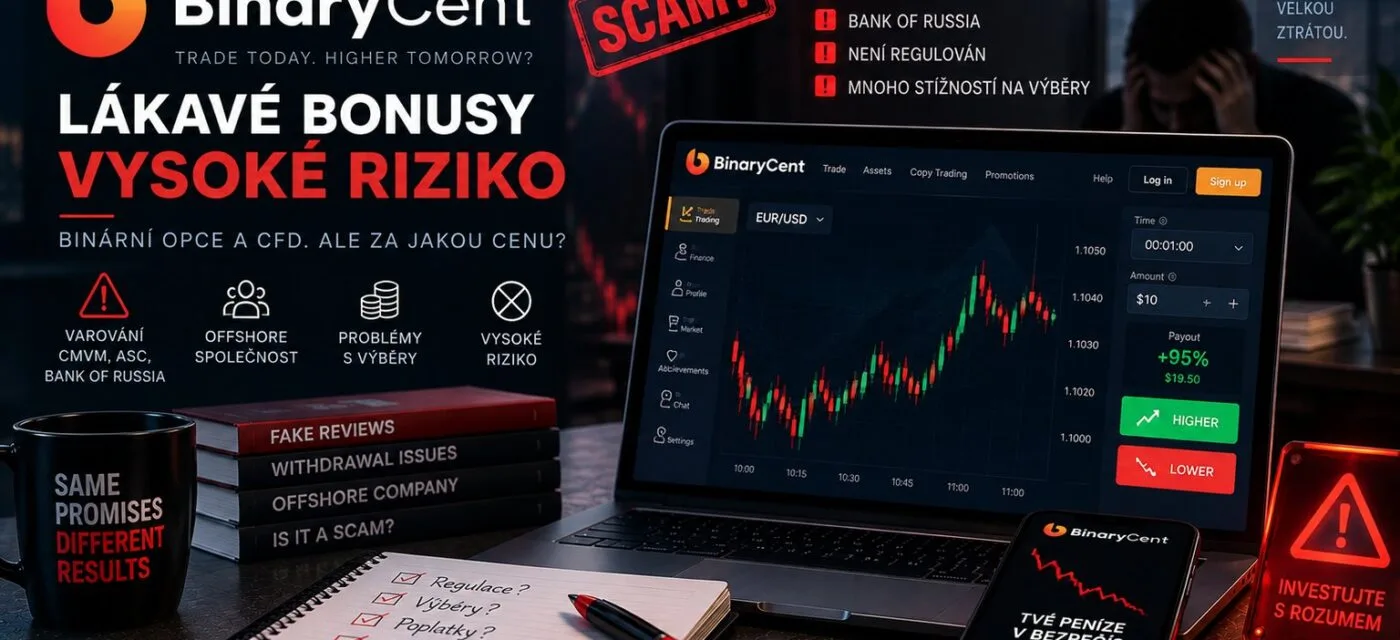 Obchodní platforma BinaryCent na notebooku s binární opcí na EUR/USD, vedle varování regulátorů CMVM, ASC a Bank of Russia