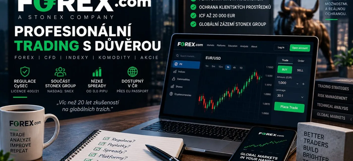 Obchodní platforma FOREX.com na notebooku a mobilu s grafem EUR/USD, vedle přehledu licence CySEC a ochrany ICF