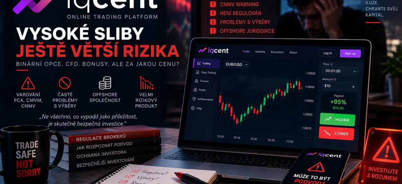 Obchodní platforma IQCent na notebooku s binární opcí na EUR/USD a výplatou 95 %, vedle varování regulátorů FCA, CMVM a CNMV