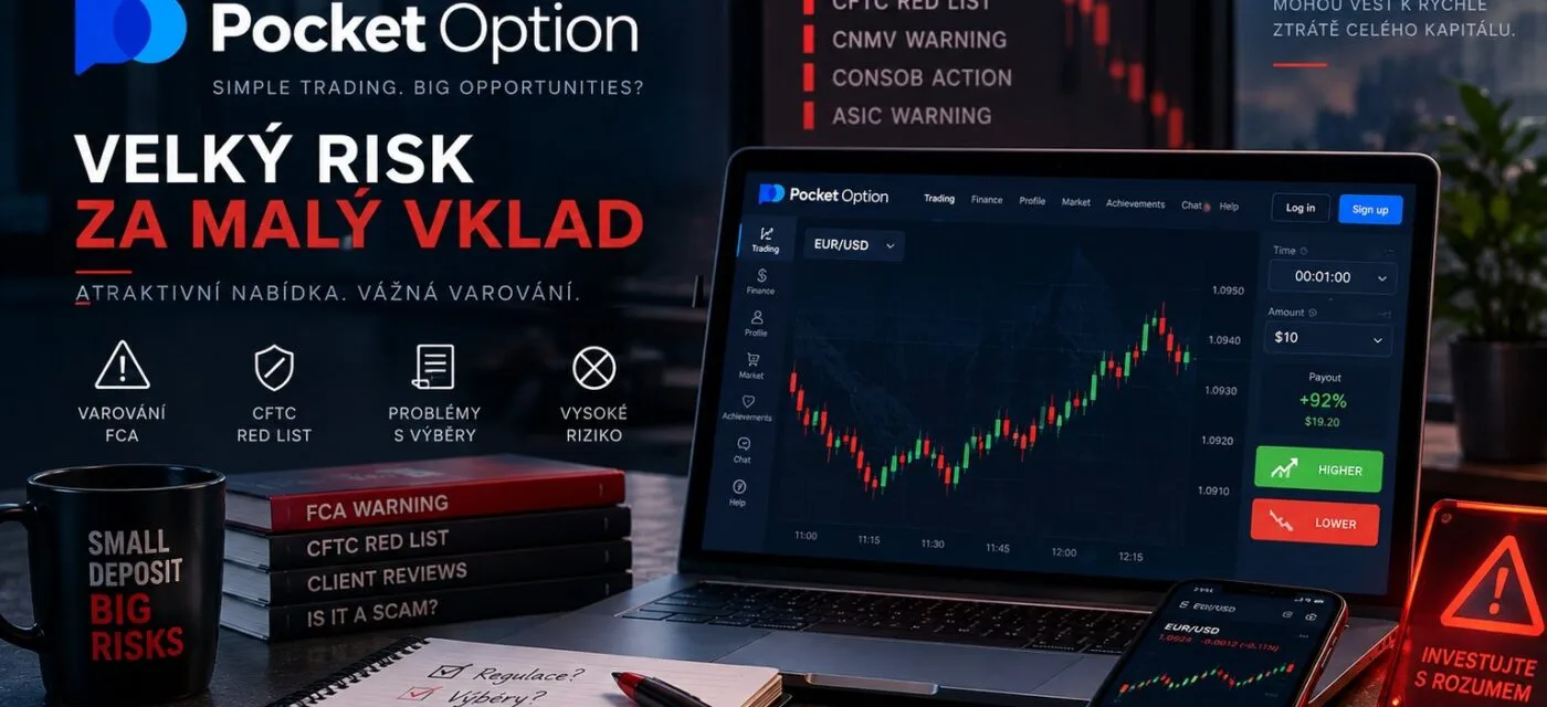Obchodní platforma Pocket Option na notebooku a mobilu s obchodem na EUR/USD, vedle varování regulátorů FCA a CFTC