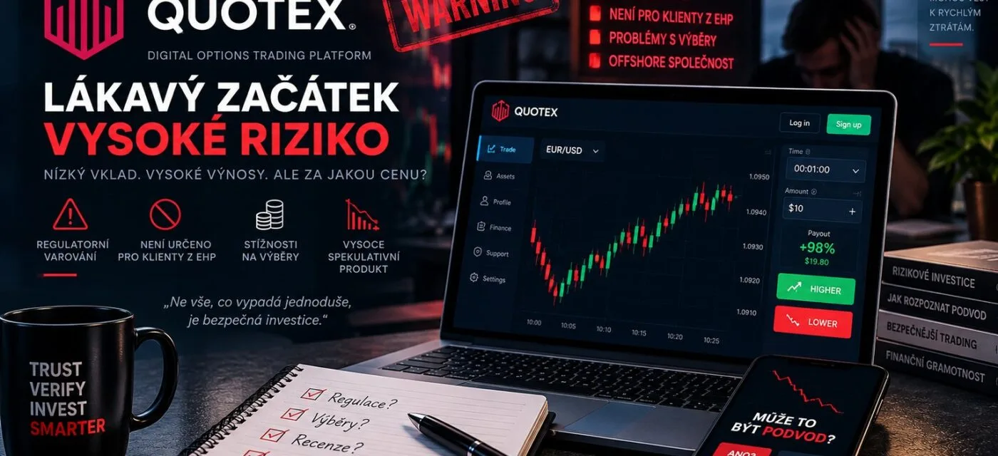 Obchodní platforma Quotex na notebooku s obchodem na EUR/USD a výplatou 98 %, vedle varování regulátorů CMVM a CVM