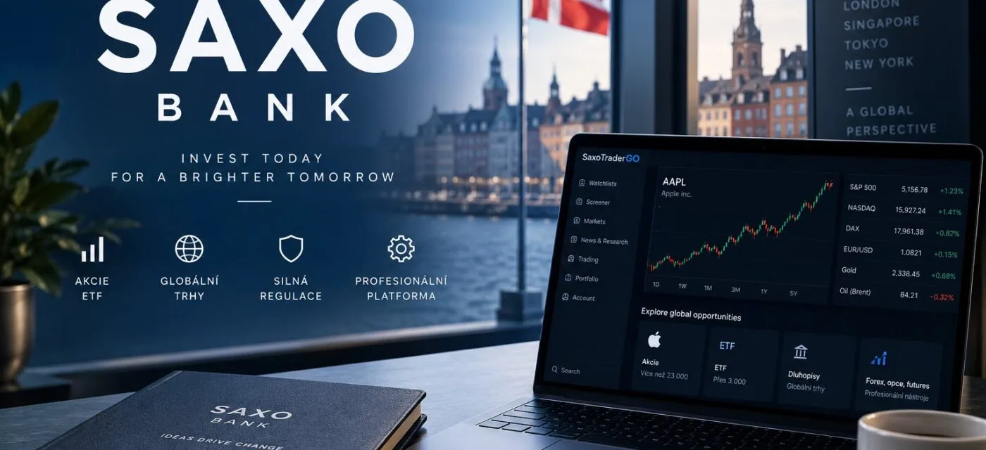 Obchodní platforma SaxoTraderGO od Saxo Bank na notebooku, v pozadí dánská vlajka a panorama Kodaně