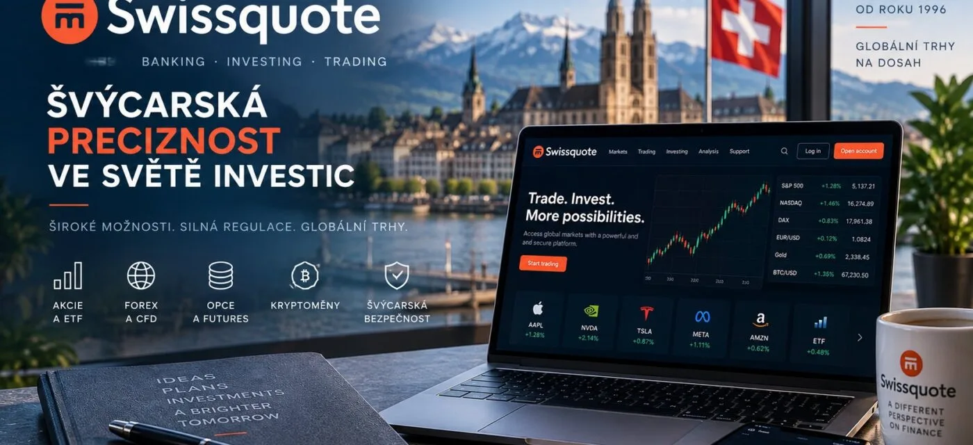 Obchodní platforma Swissquote Bank na notebooku s přehledem trhů, v pozadí švýcarská vlajka, jezero a Alpy