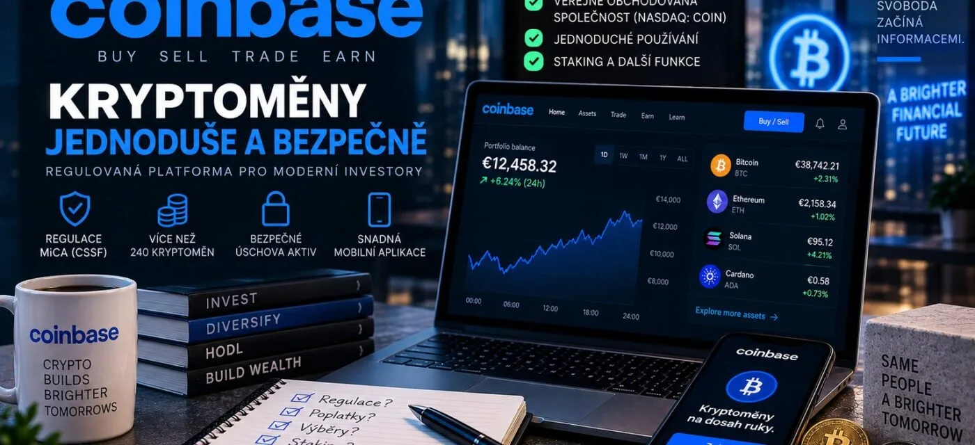 Kryptoměnová platforma Coinbase na notebooku a mobilu s portfoliem bitcoinu, etherea a solany, vedle přehledu licence MiCA