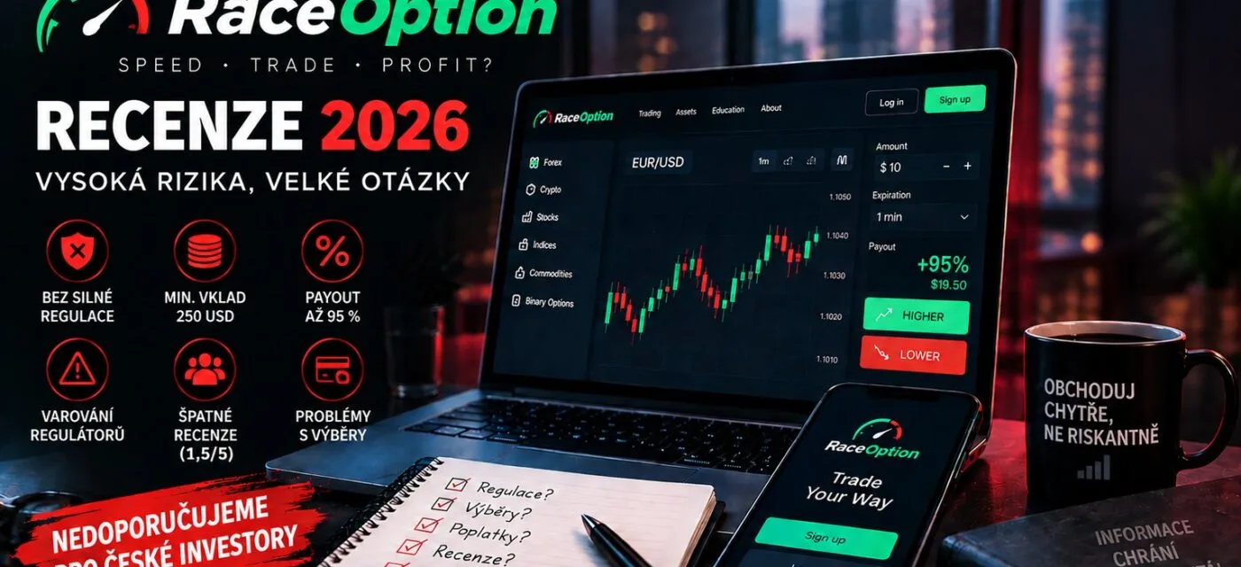 Obchodní platforma RaceOption na notebooku a mobilu s binární opcí na EUR/USD a přehledem rizik, varování regulátorů a špatných recenzí